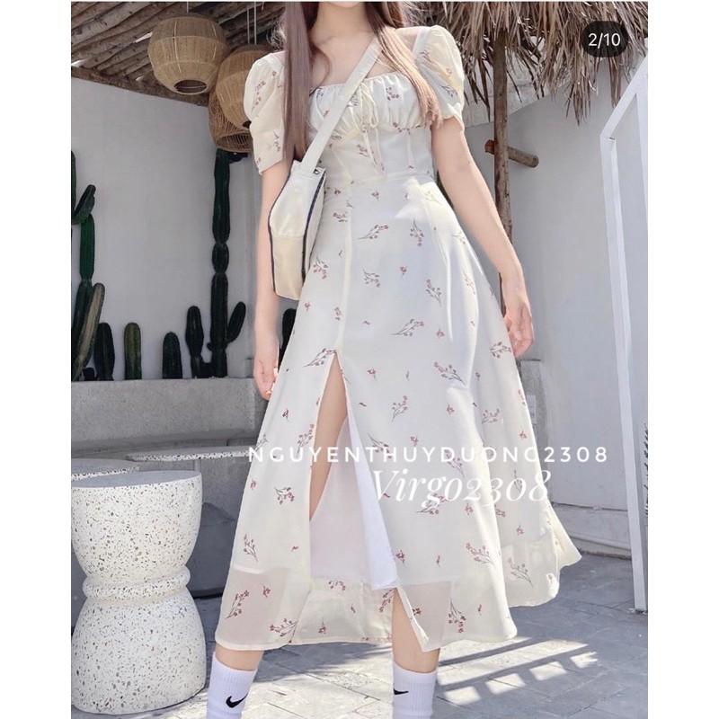 Váy hoa nhúm ngực xẻ tà tay bồng/Đầm hoa Wedding dress