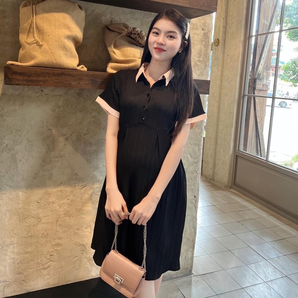 Đầm bầu babydoll đũi gân cổ sơ mi thanh lịch, phối màu bầu diện dễ thương - Đen