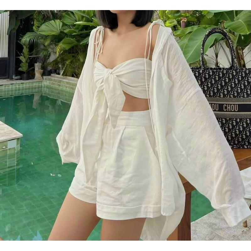 SET PHỐI 3 MÓN GỒM ÁO CROPTOP CỘT NƠ, ÁO KHOÁC NGOÀI KÈM QUẦN ĐÙI SIÊU XINH CHO NÀNG ĐI BIỂN DU LICH