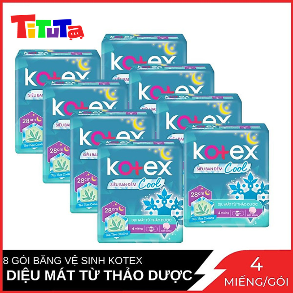 Combo 8 Gói Băng Vệ Sinh Kotex siêu ban đêm Cool mặt bông cánh 28cm Gói 4 Miếng x8