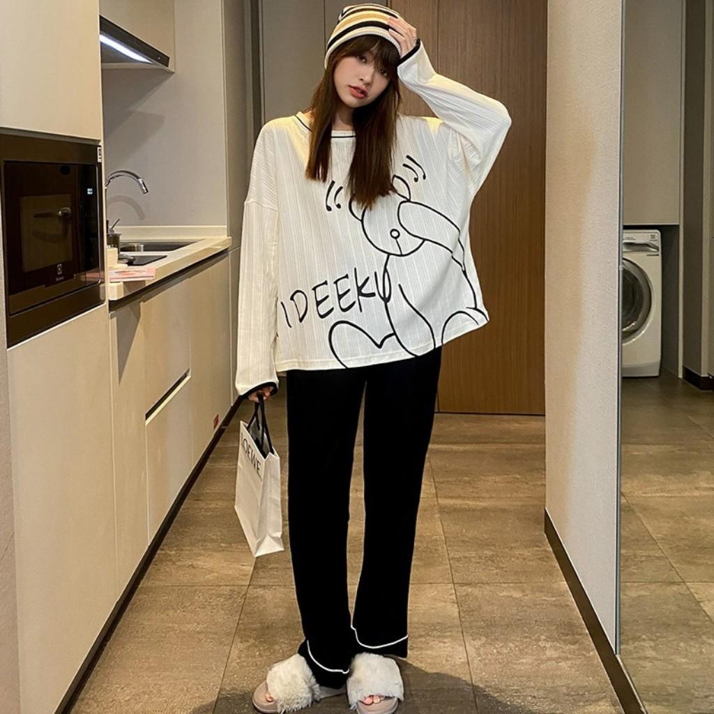 Bộ đồ ngủ, đồ ngủ nữ thu đông dài tay cotton, phong cách Hàn Quốc cực dễ thương co giãn thoải mái