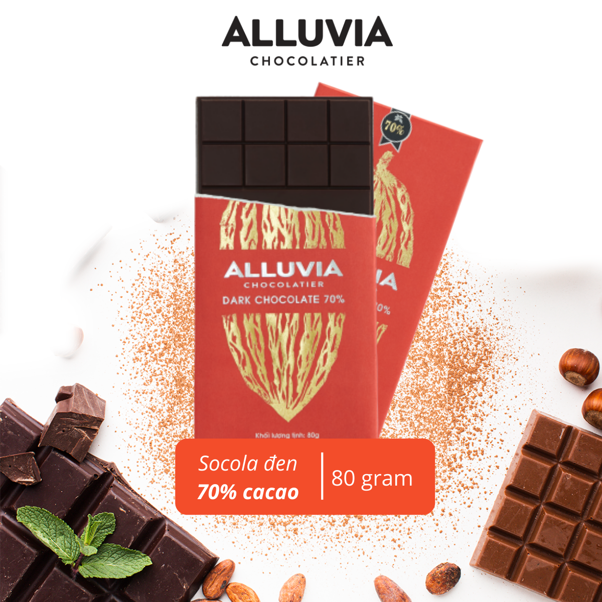 Socola Đen 70% Nguyên Chất Đắng Vừa Ít Ngọt 80 gram | Dark Chocolate 70%