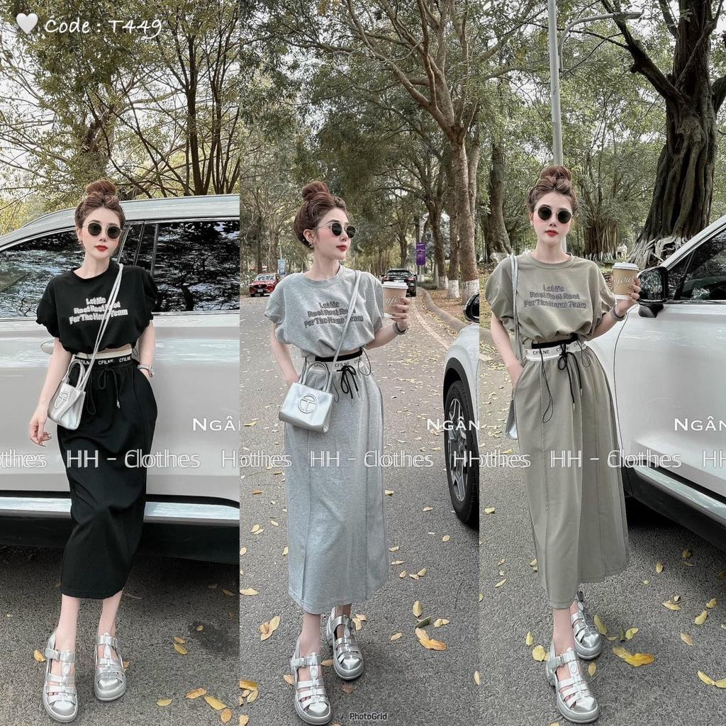 SET ĐI CHƠI, SET 2 MÓN ÁO CROPTOP CỔ TRÒN RÚT DÂY PHỐI CHÂN VÁY DÀI CỰC NĂNG ĐỘNG - Grey