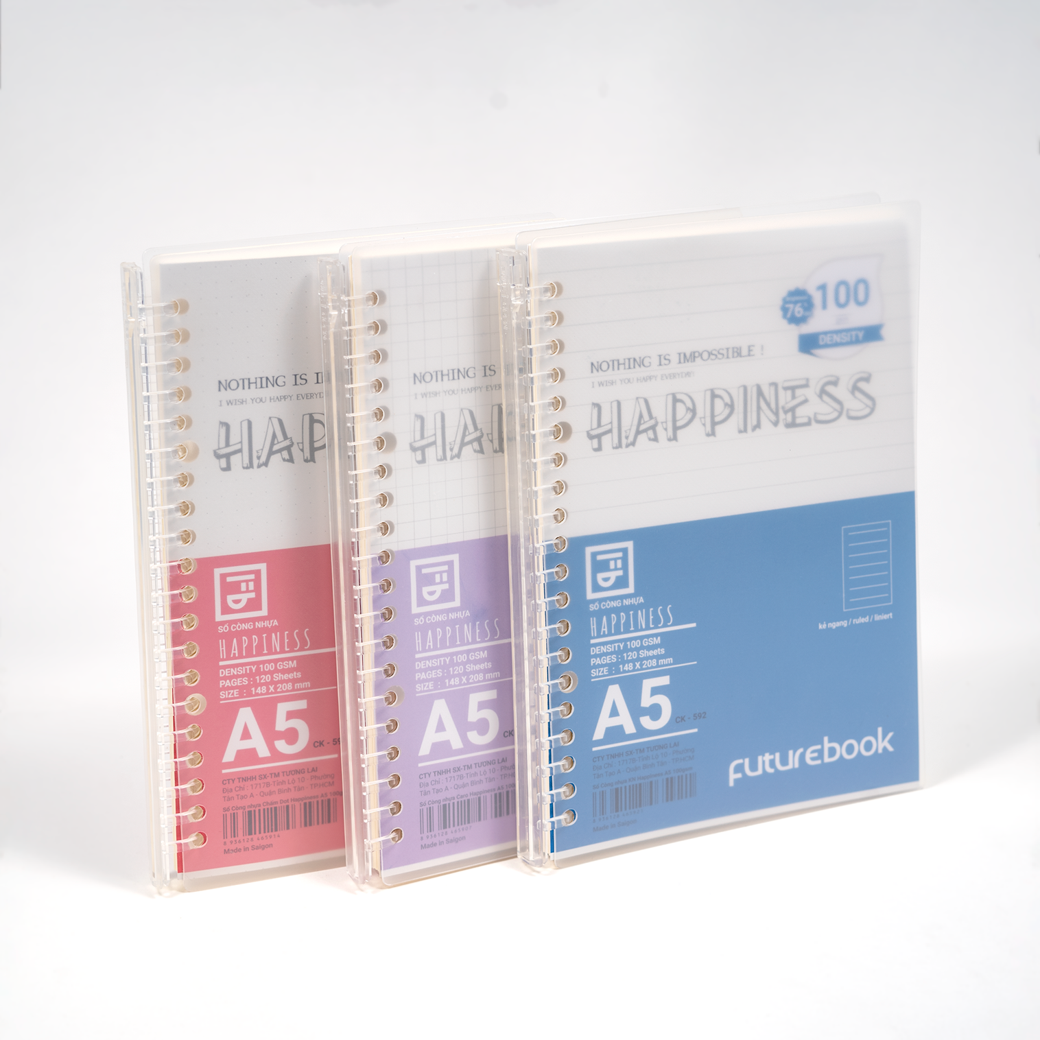 Sổ còng nhựa Happiness A5 20 chấu kèm ruột giấy refill  làm sổ tay planner phong cách hàn quốc FUTUREBOOK 590/592/591