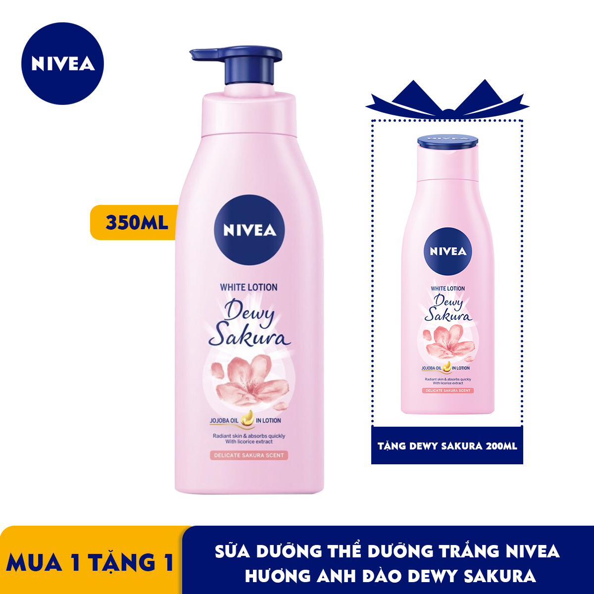 [Mua 1 tặng 1] Tặng Dewy Sakura 200ml - Sữa Dưỡng Thể Dưỡng Trắng NIVEA Hương Anh Đào Dewy Sakura (350ml) - 85703