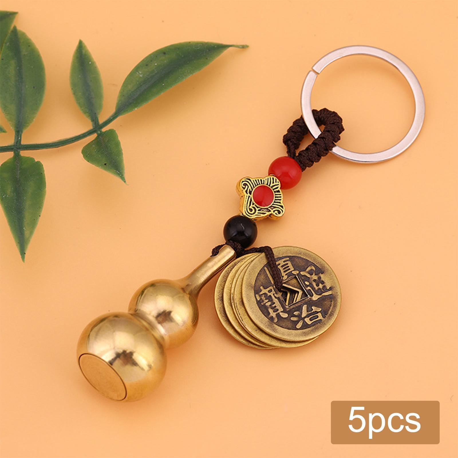 Vintage Brass Money Bag Keychain Gourd Blessing Lucky Feng Shui Coins for Bedroom Pendant