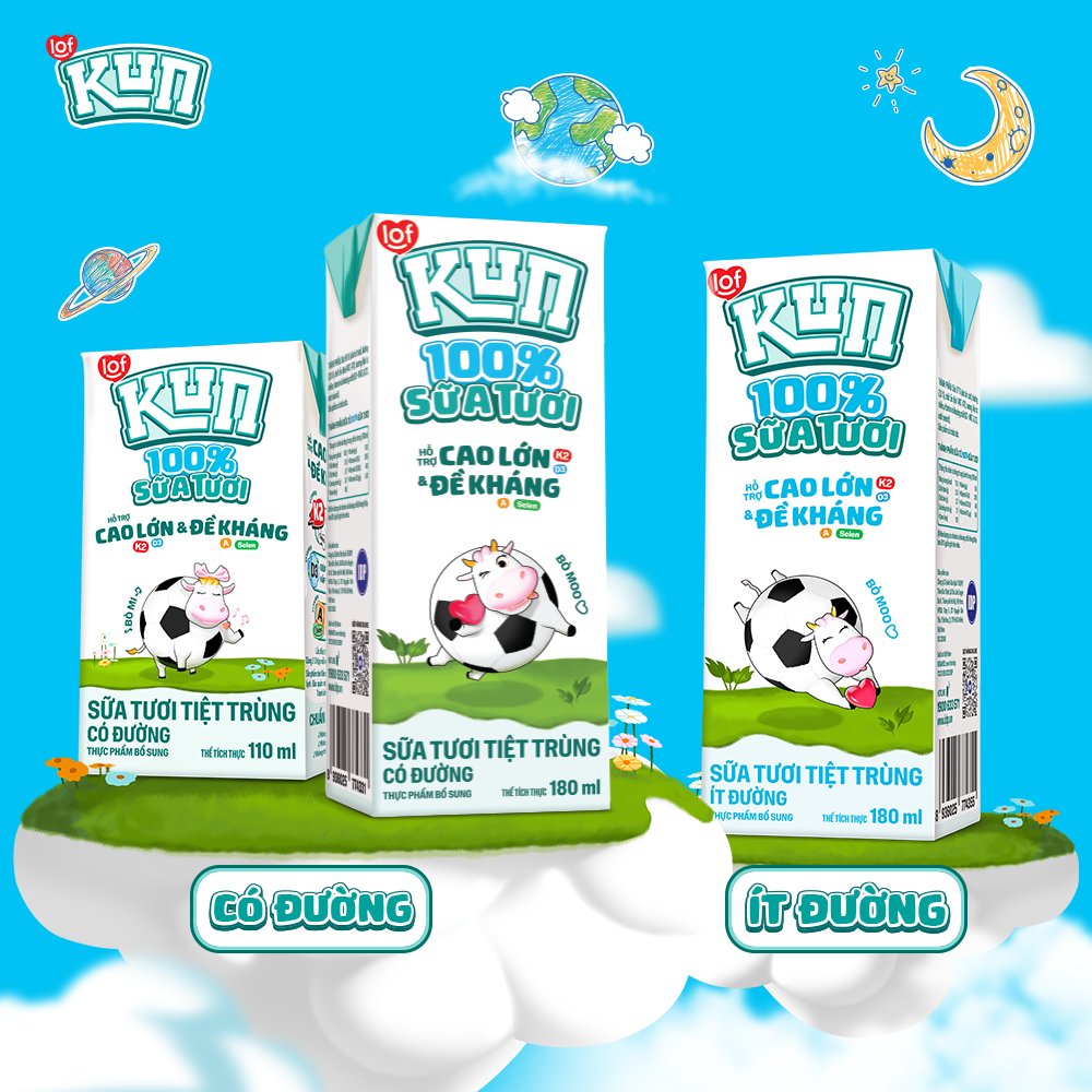 Thùng 48 hộp KUN 100% Sữa tươi có đường 180ml/hộp