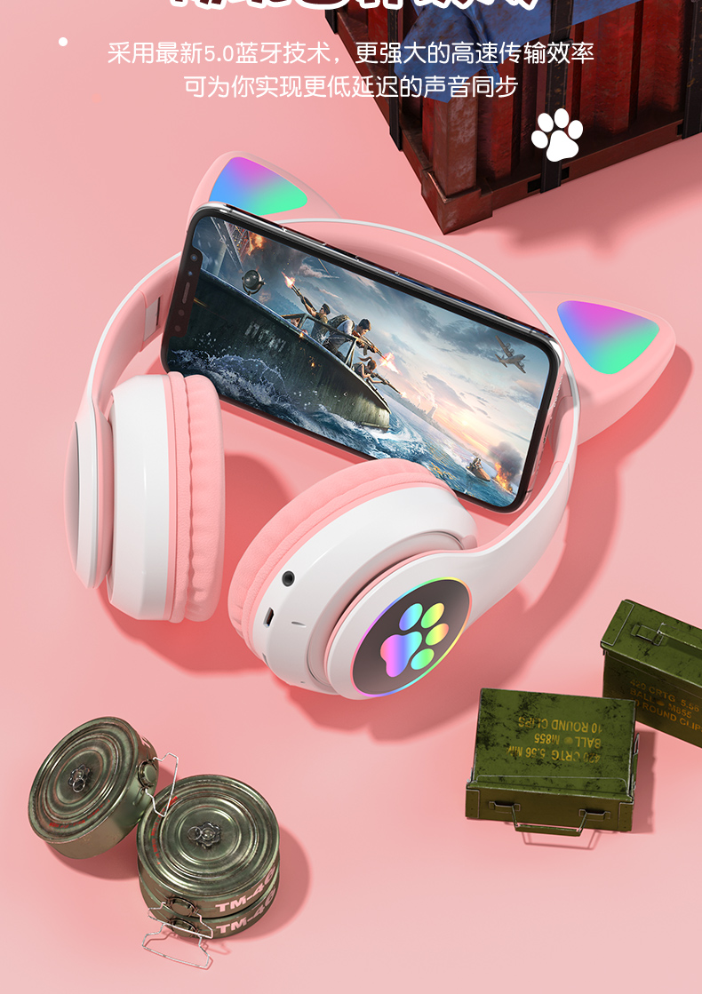 Tai nghe Bluetooth tai mèo đáng yêu có mic đàm thoại cao cấp, tai nghe mèo có đèn phát sáng cute tai nghe tai mèo thời trang, headphone Bluetooth đáng yêu có thể sử dụng khi chơi các tựa game online