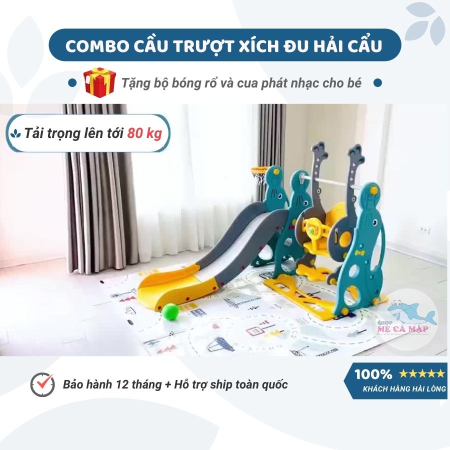 Combo cầu trượt xích đu Hải Cẩu, TẶNG KÈM BỘ BÓNG RỔ , cầu trượt cho bé chịu tải trọng 80kg