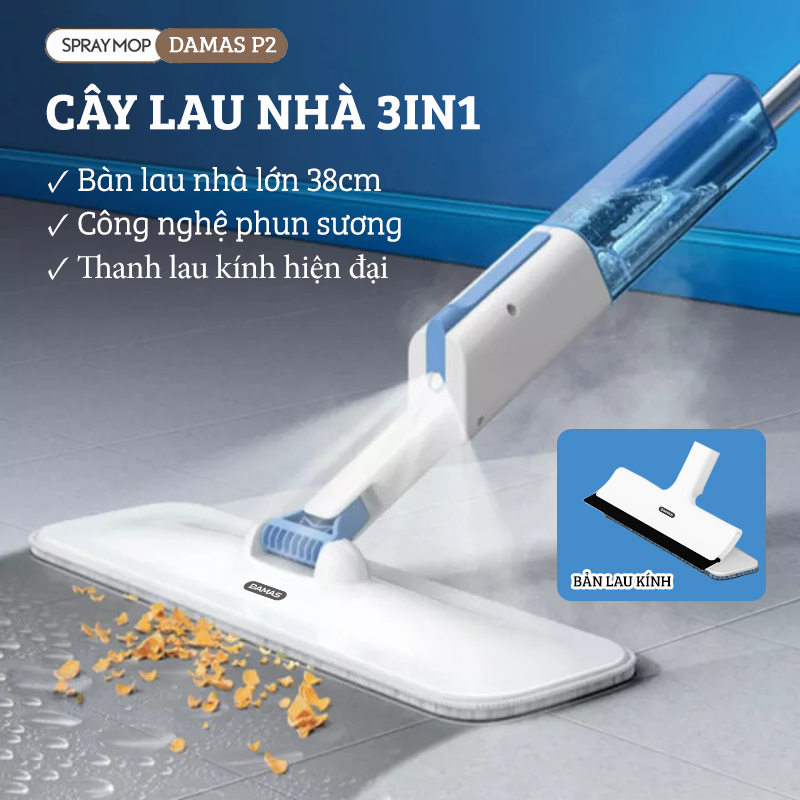 Cây Lau Nhà Phun Sương, Chổi Lau Nhà 360° Kiêm Cây Lau Kính Đa Năng 3IN1 Damas P2 Plus - Thiết Kế Khớp Xoay 180° Linh Hoạt Dễ Dàng Di Chuyển Mọi Góc Ngách Trong Nhà - Chuyển Đổi Bản Lau Nhà Thành Bản Lau Kính Chỉ Với 1 Bước Đơn Giản - Hàng Chính Hãng