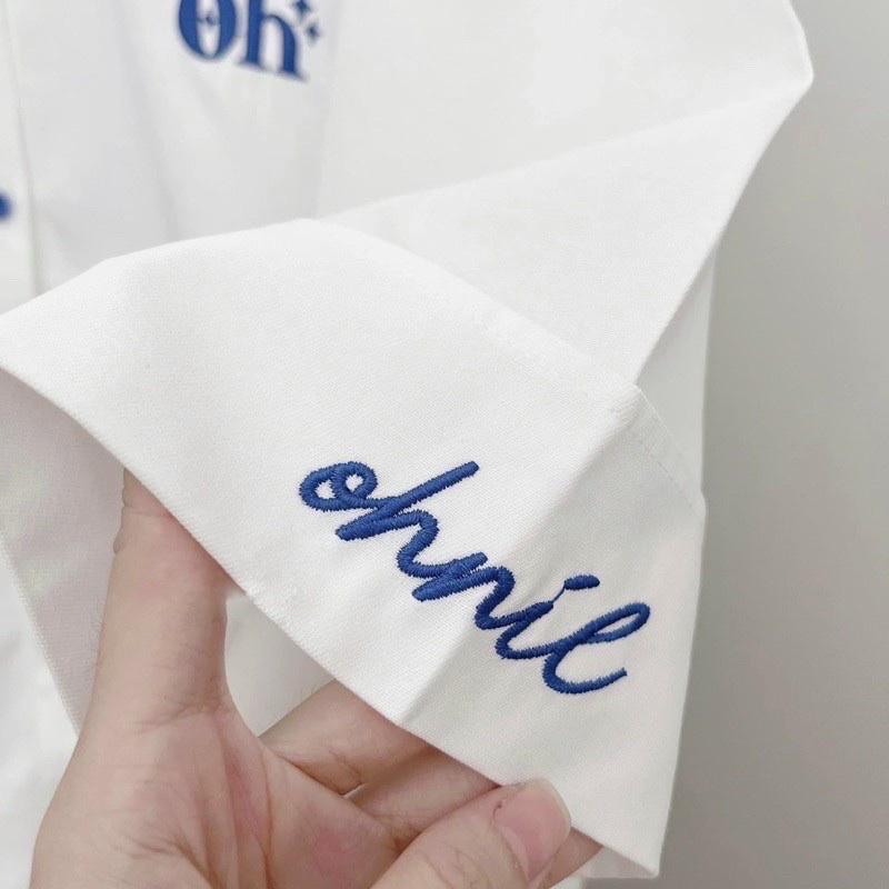 Áo sơ mi trắng nữ THÊU LOGO OH XANH phối nút xanh Chất kate lụa mịn rộng đẹp