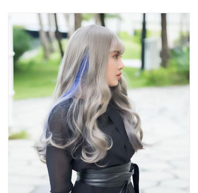 Hình ảnh Tóc giả cao cấp xám line xanh- tặng lưới chùm tóc
