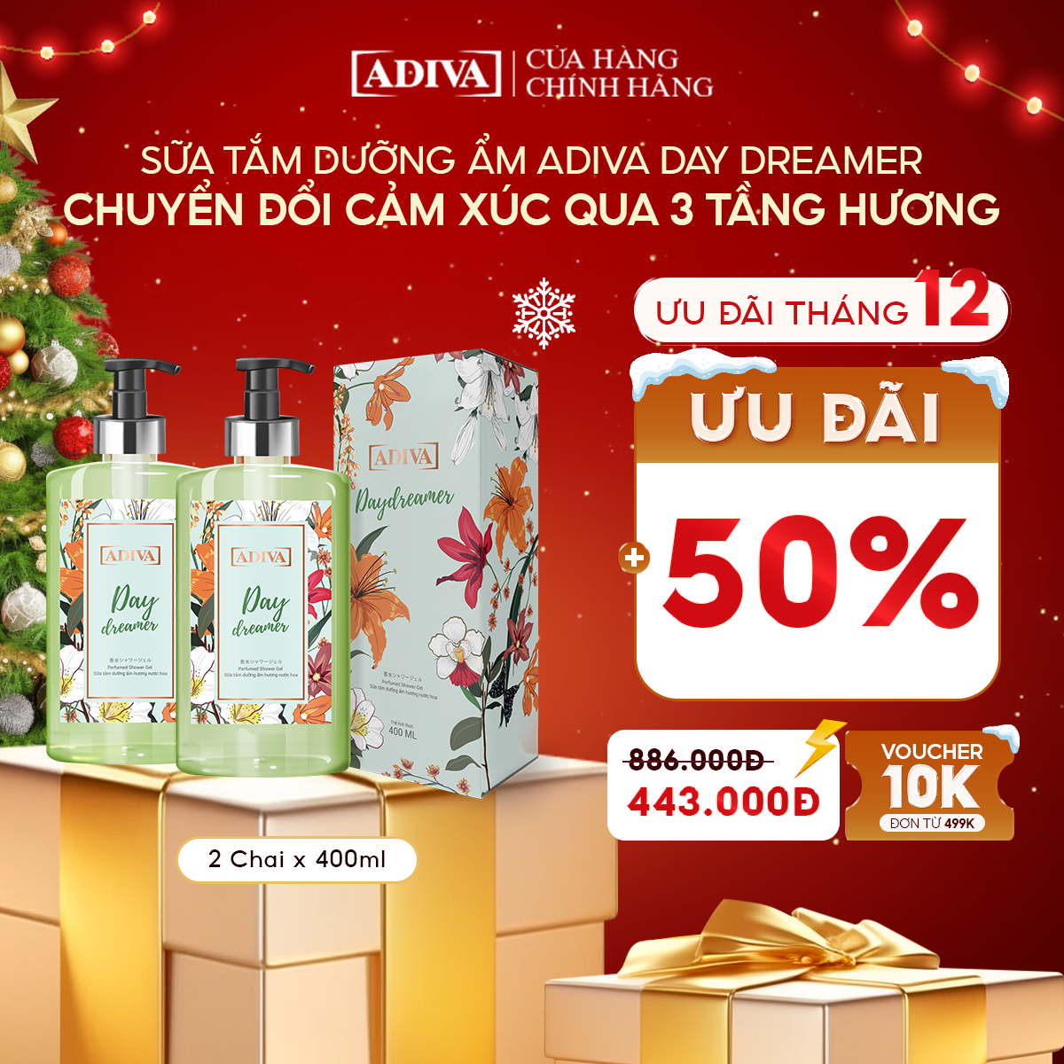 Combo 2 Chai Sữa Tắm Dưỡng Ẩm Hương Nước Hoa Adiva Day Dreamer (400ml/Chai)