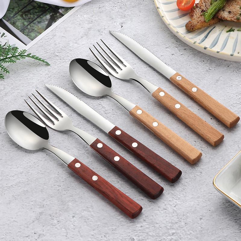 Tablewellware Kiềng Bạc Bộ Đồ Ăn Giỏ Muỗng Nĩa Bộ Dao 6 Bộ Dao Kéo Nhà Bếp Bộ 3 Thìa Ăn Uống Thép không gỉ với Đế Gỗ