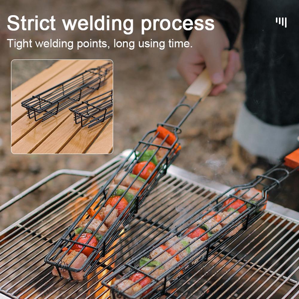 Camping BBQ Grilling Basket Charcoal Grill Outdoor Grill Tool Picnic Portable Wood Handle Roasting Meat Accessories