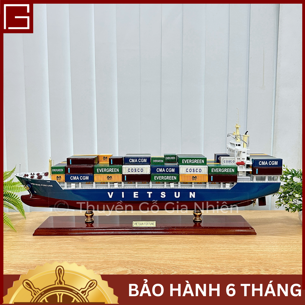 Mô Hình Thuyền Gỗ Phong Thủy Gia Nhiên, Thuyền Container Gỗ VIETSUN FOTUNER, Dài 70cm, Thuyền Xuất Khẩu Cao Cấp