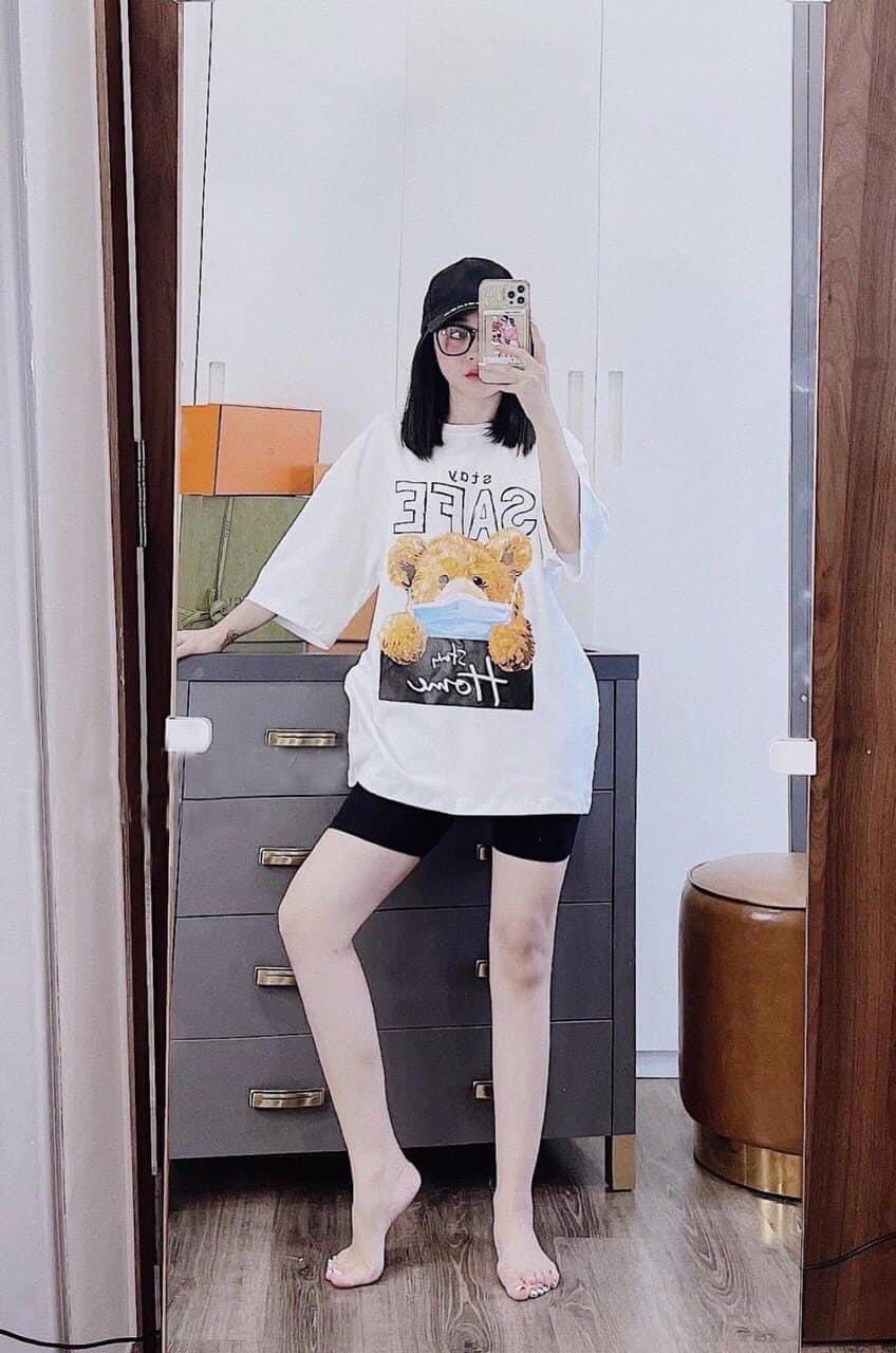 Bộ đồ nữ áo form rộng in hình gấu, quần đùi ngố thun cotton loại 1, set bộ lửng mặc nhà, đi chơi dễ thương, cá tính
