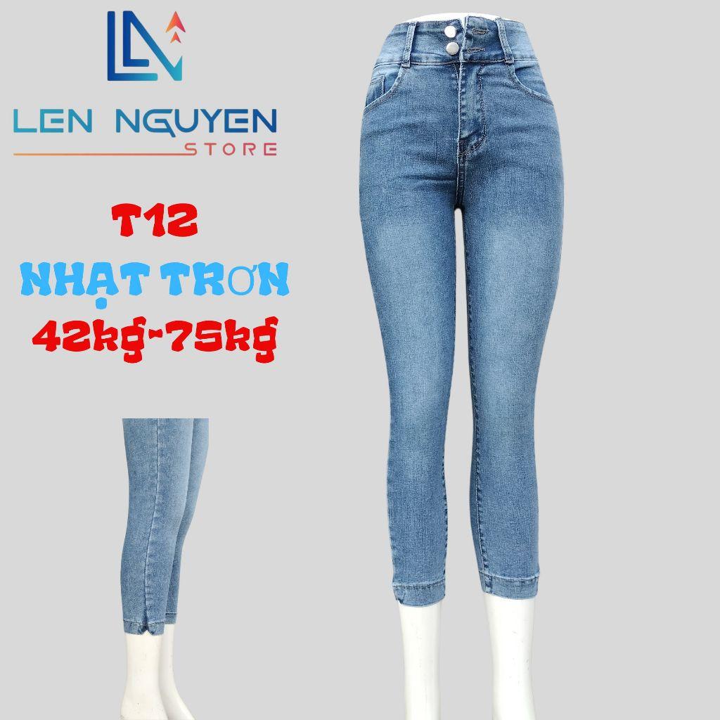 T12_Quần jean nữ, 9 tất, lưng cao, quần bò nữ dáng ôm, quần rin nữ có big size, cho 42kg đến 75kg,LEN NGUYEN STORE - Xanh Nhạt Rách