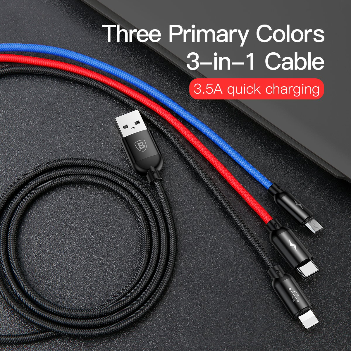 Cáp sạc 3 đầu và truyền dữ liệu tốc độ cao Baseus Three Primary Colors 3 in 1 cable CAMLT-BSY (USB to Type C/ Micro/ Light-ning Fast Charging Cable, 3.5A)- Hàng chính hãng