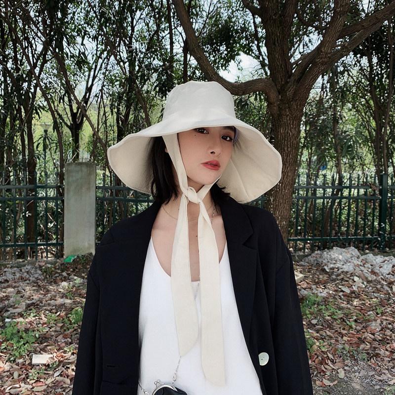 2021 Mùa Hè Mới Thu Lớn Vành Người Cá Nón Nữ Vải Bông Tròn Dome Băng Đô Nơ Lớn Có Thể Gập Lại Miếng Vải Ngư Dân nón Lưỡi Trai