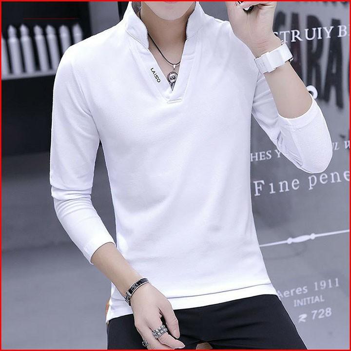 Áo thun nam tay dài hàn quốc cổ V chất thun cotton cá sấu co giãn