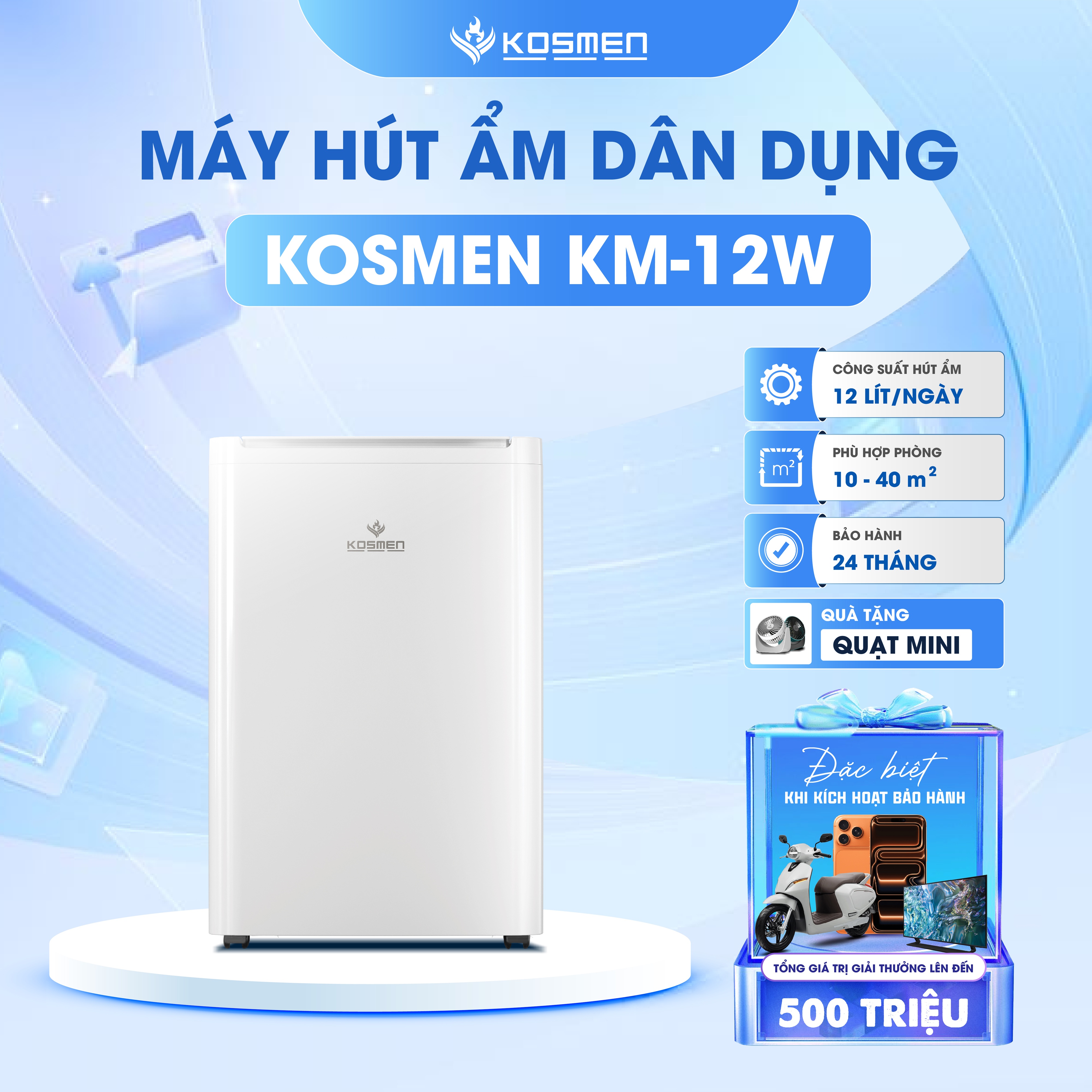 Máy Hút Ẩm Dân Dụng Kosmen KM-12W – 12L/Ngày, Vận Hành Êm Ái, Có Wifi &amp; Sấy Quần Áo – Phòng 40m2 - Hàng Chính Hãng, Bảo Hành 2 Năm