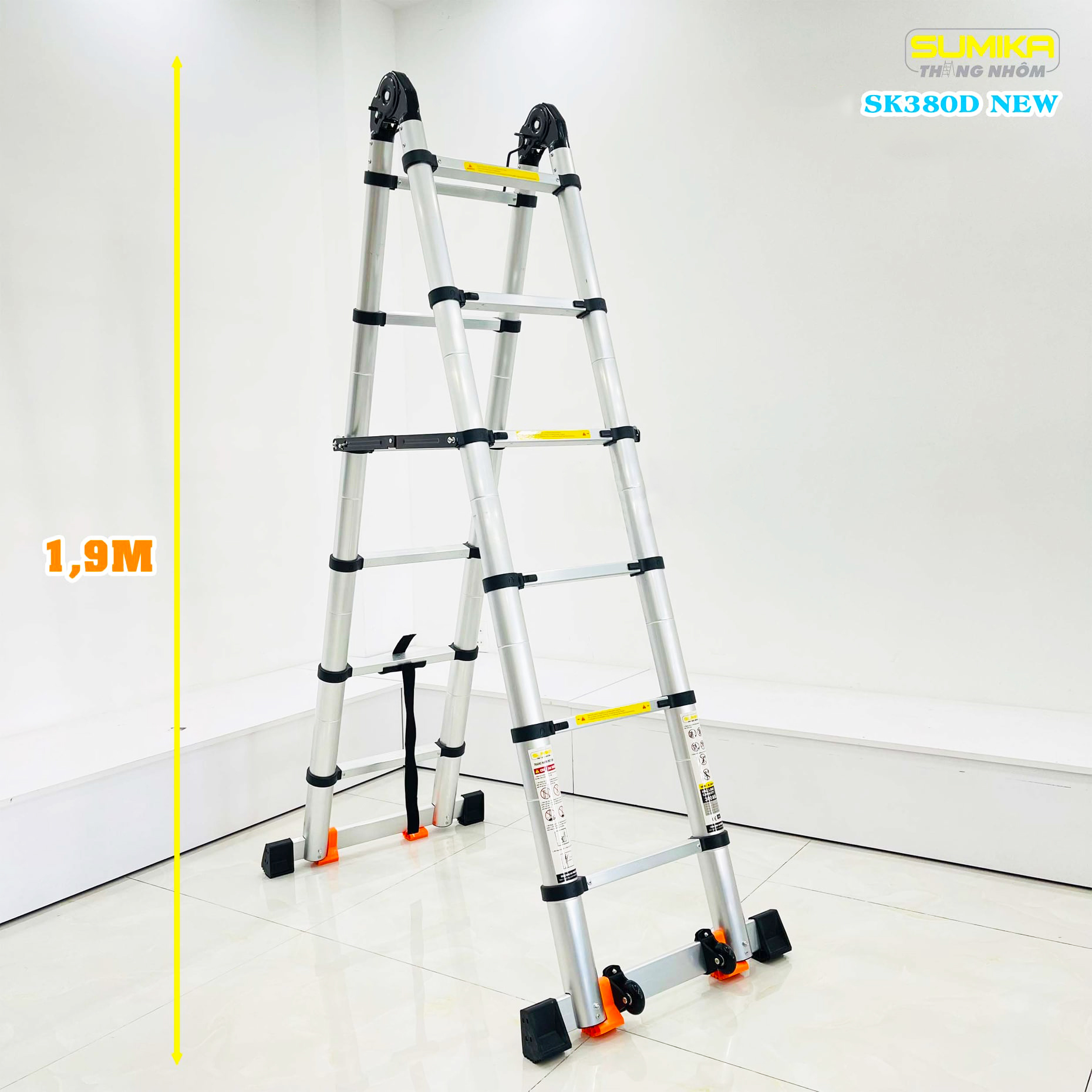 Hình ảnh Thang Nhôm Rút Chữ A Sumika SK380D NEW - Chữ A cao 1.9m, chữ I cao 3.8m, tải trọng 300kg