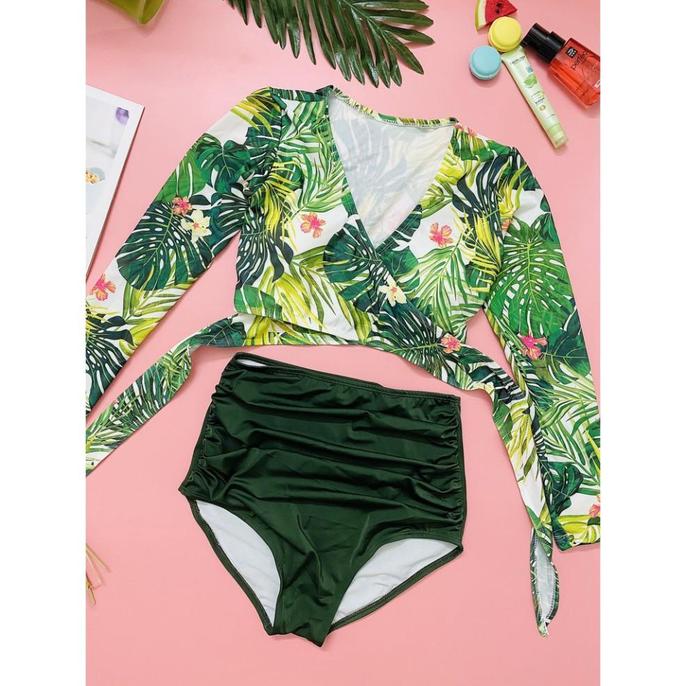 freeship Đồ bơi Bikini hai mảnh dài tay ️Freeship️ họa tiết hoa lá xanh quần cạp cao mặc đi biển đi bơi mới nhất