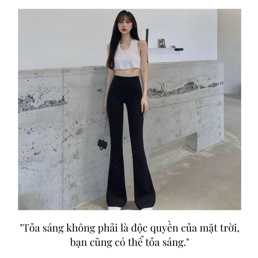 Quần ống loe nữ EMIX (màu đen), basic trousers, dáng dài, cạp cao, lưng chun, ống loe, vải thun co giãn Q881