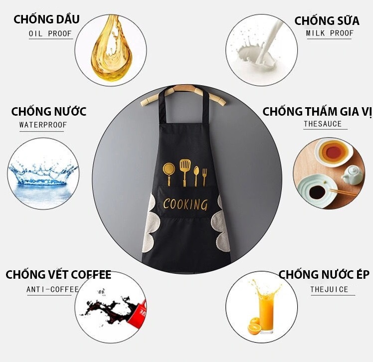 Tạp Dề Nhà Bếp Chữ Cooking Có Chỗ Lau Tay Chống Thấm Nước Có Túi Bỏ Đồ Tiện Dụng