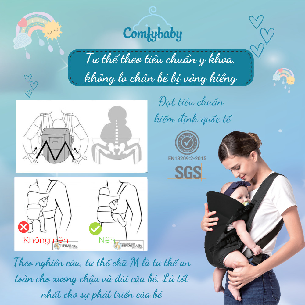 Địu em bé 3 tư thế có đỡ cổ sơ sinh - thoáng khí chống gù cho bé ComfyBaby CF-BK010