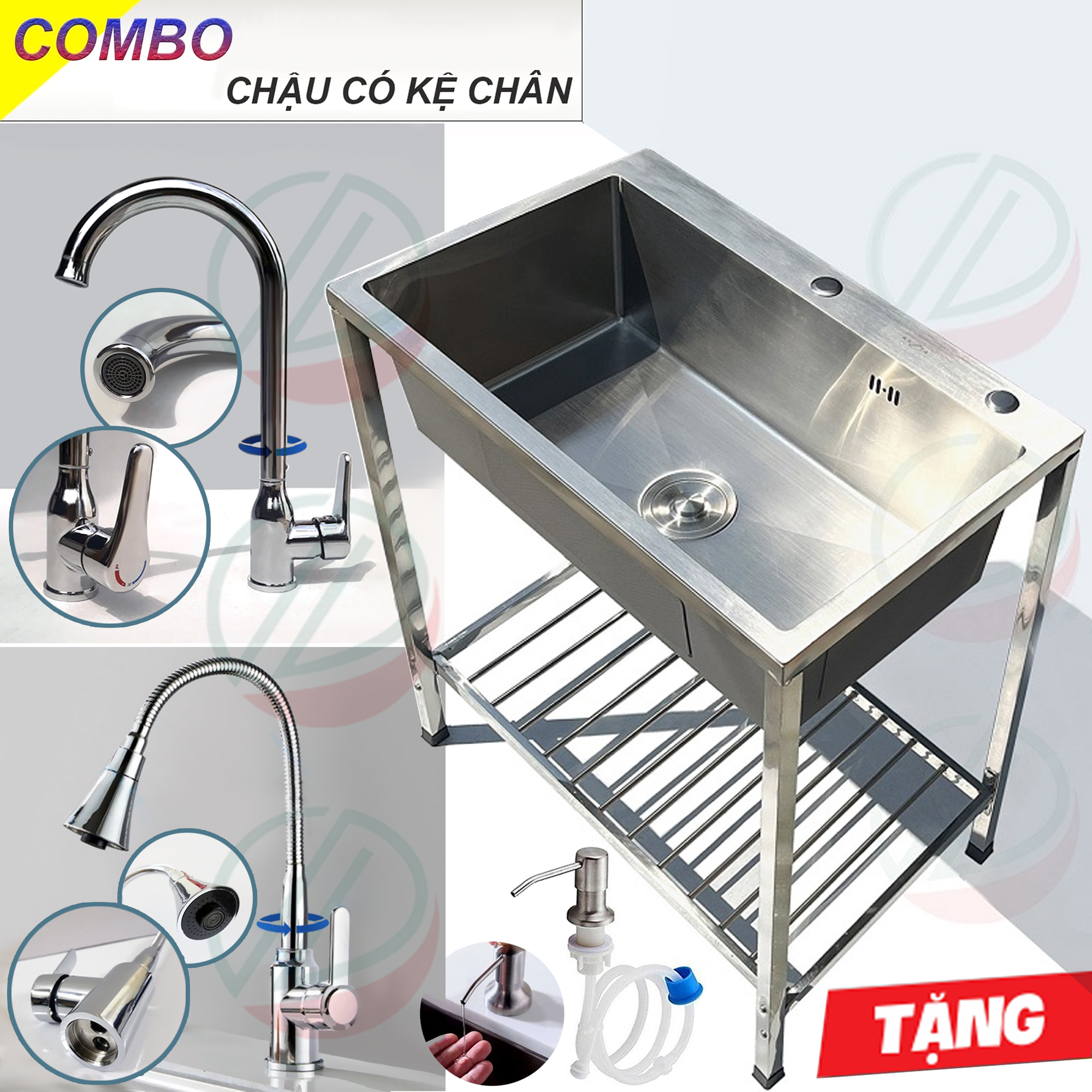 COMBO Chậu Rửa Chén Bát 1 Hộc Rửa Lớn Có Chân Cao 81cm Kèm Vòi Inox Nóng Lạnh - Gồm kệ chân, chậu 82x45cm, 90x50cm, vòi, bộ xả, mua đủ bộ tặng đầu xịt xà bông