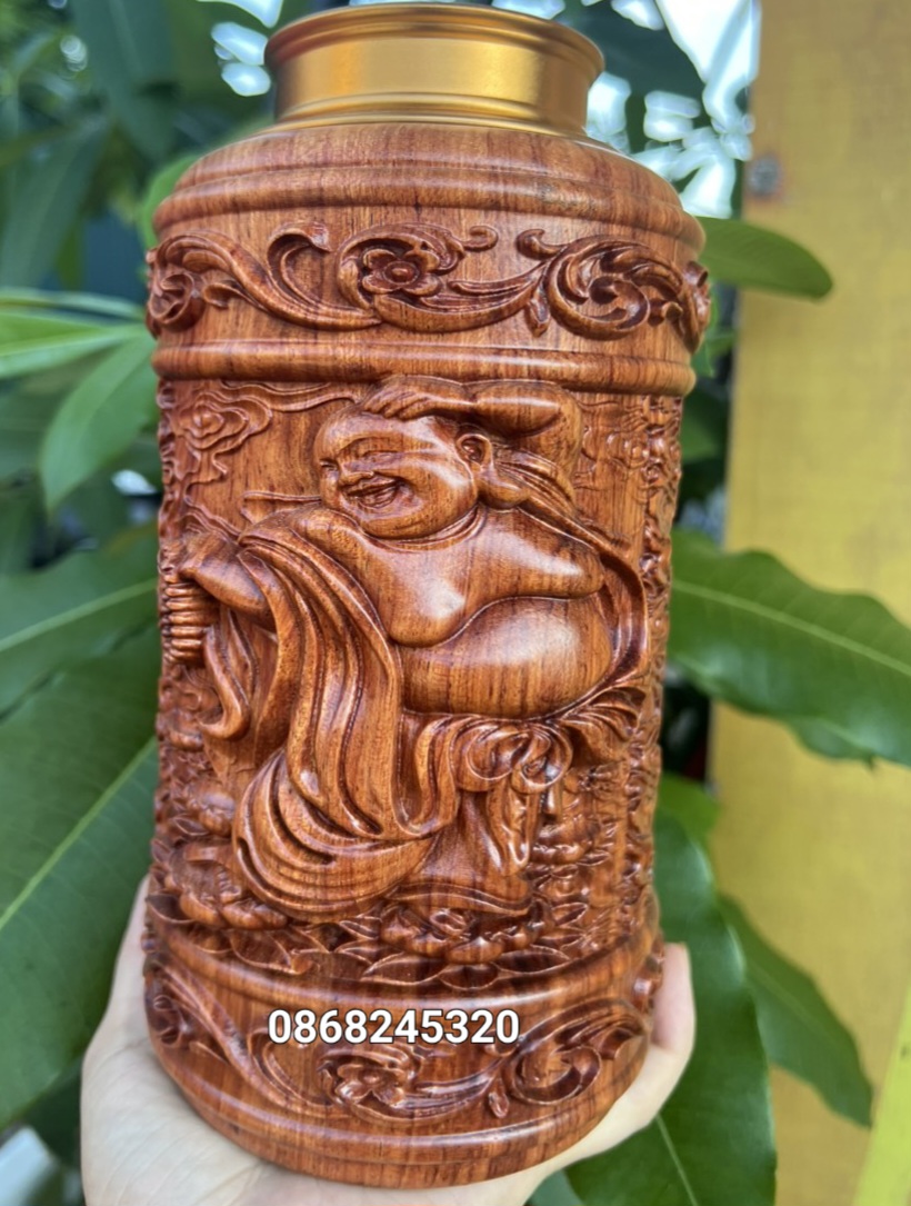Hộp đựng trà (chè ) khắc phật di lặc bằng gỗ hương đá kt 20×12×12cm