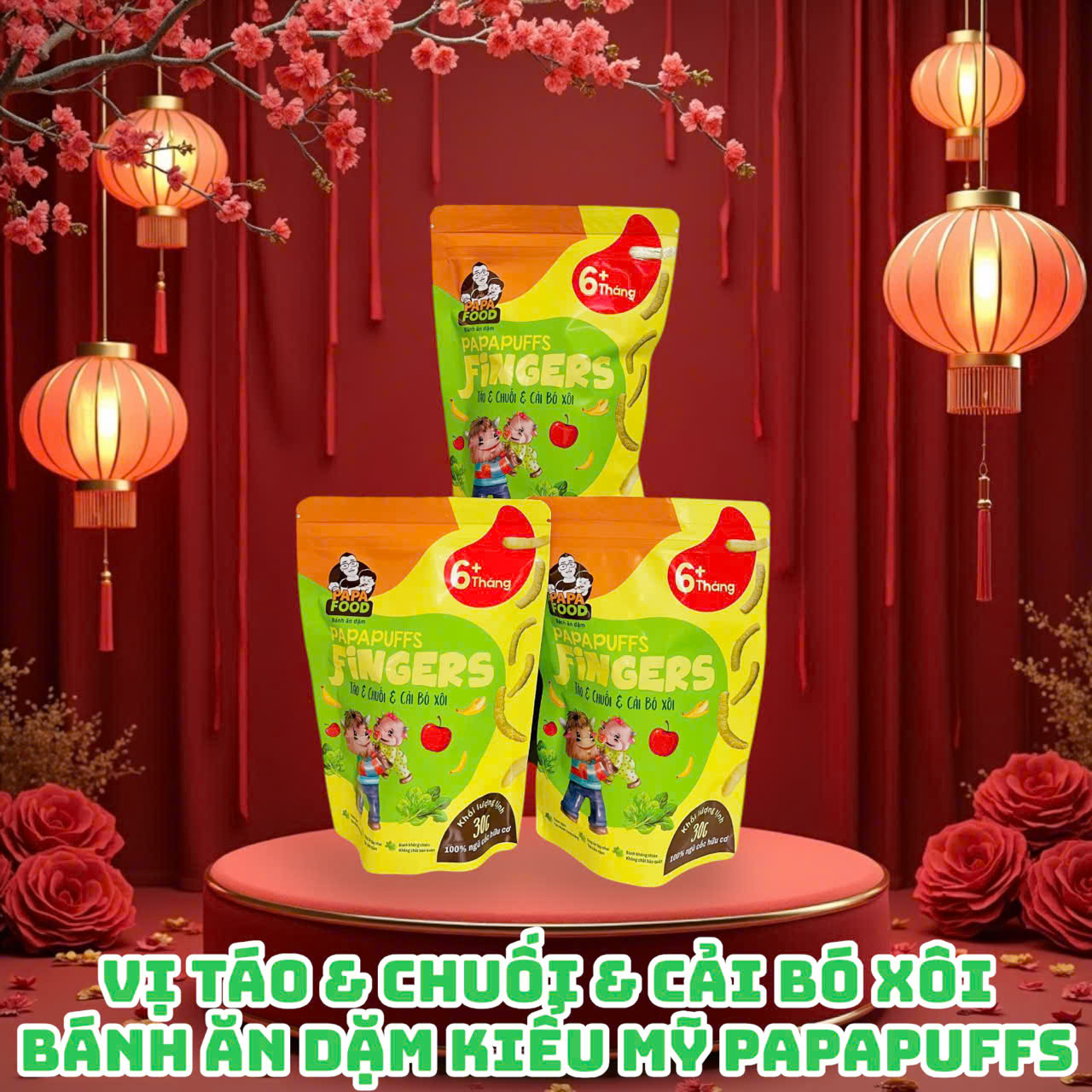 Bánh ăn dặm PAPAFOOD PAPAPUFFS Chuối &amp; Táo &amp; Cải Bó Xôi - 100% Ngũ Cố Hữu Cơ - Gói 30G