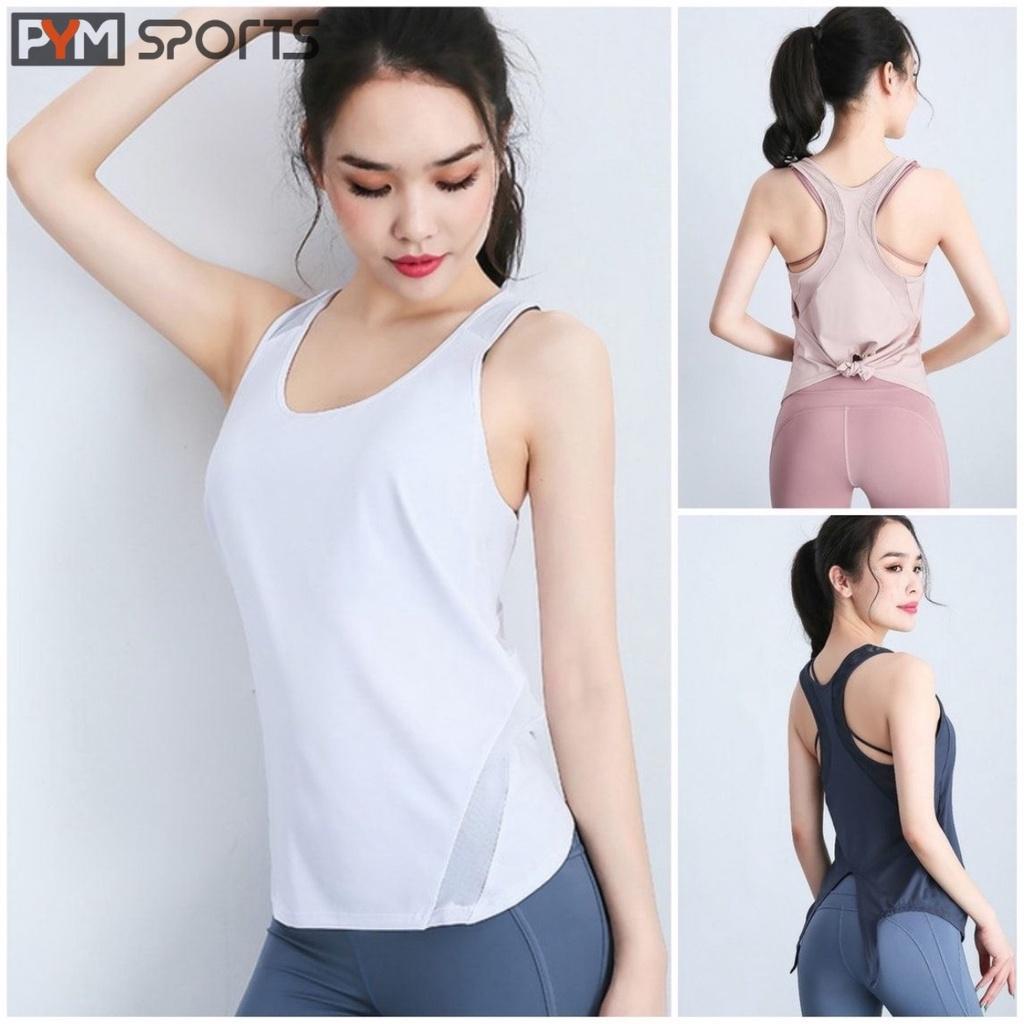 Áo tanktop tập gym - tập yoga PYM SPORT - PYMTT007 mặc ngoài, buộc sau lưng, 3 màu hồng, xanh than, trắng