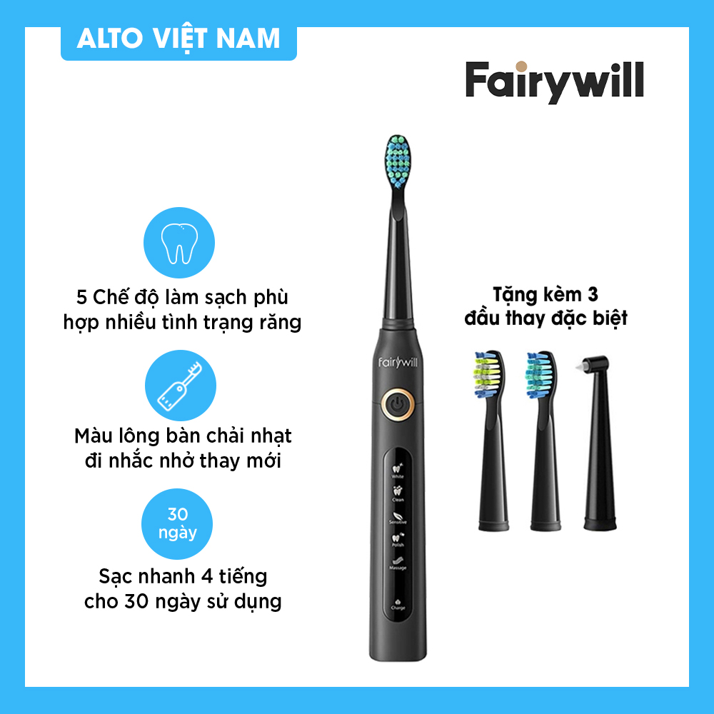 Bàn chải đánh răng điện FAIRYWILL D7 Công nghệ sóng siêu âm 5 Chế độ làm sạch 3 Đầu thay thế đặc biệt Hàng Chính Hãng