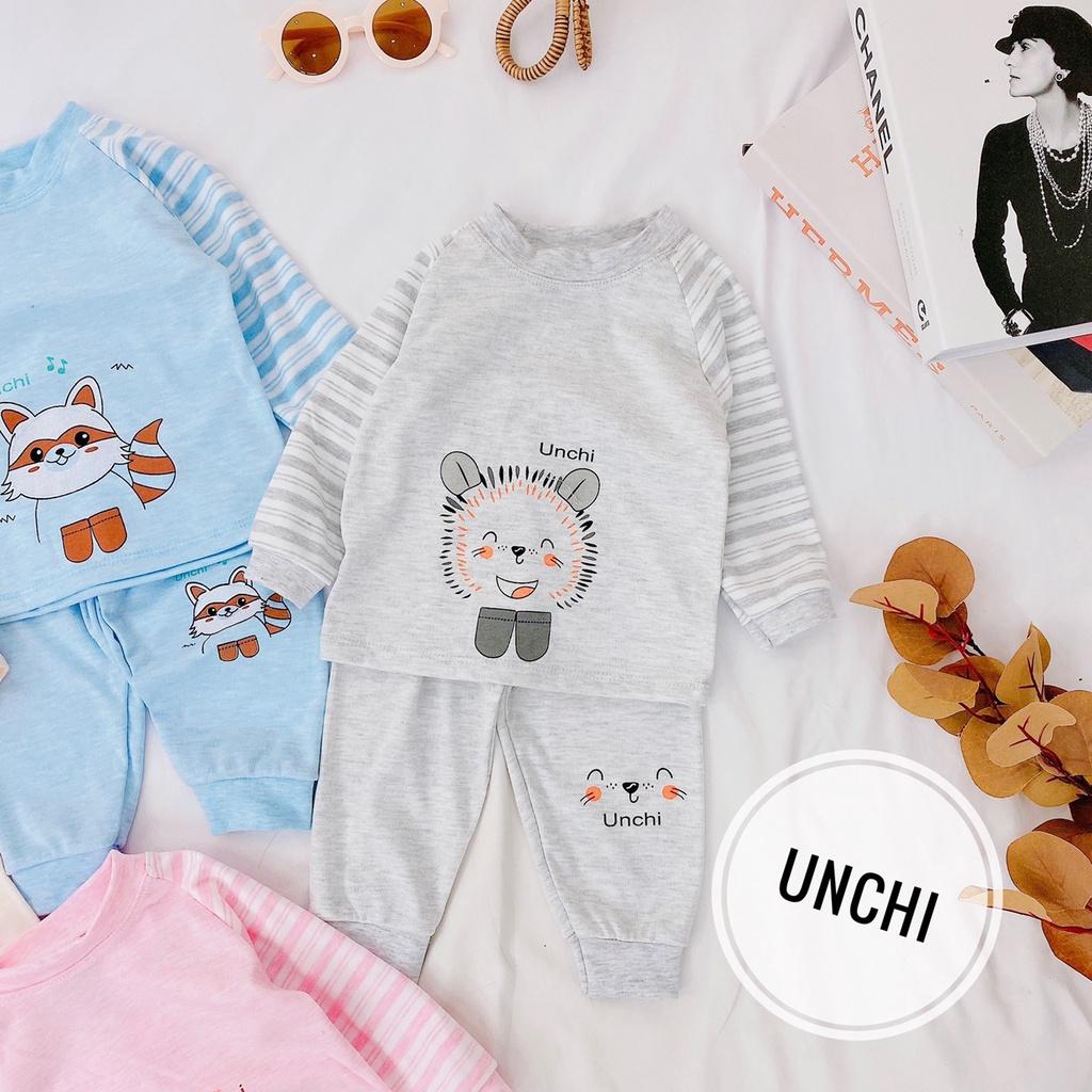 SET 2 Bộ Cotton Nỉ Dài Tay Kẻ Unchi In Hình Siêu Cưng Cho Bé - H2 - Xám-Hồng