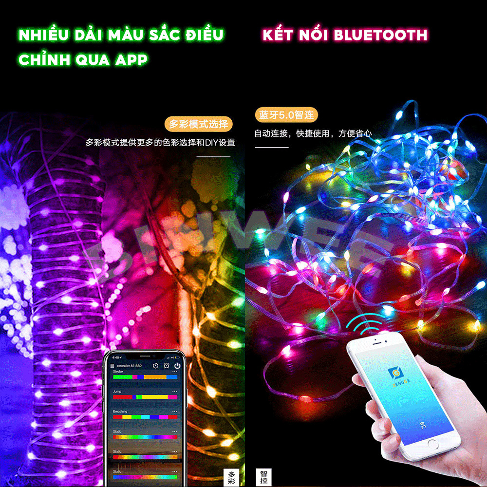 Đèn led dây RGB đuổi nháy theo nhạc chống nước Fairy Lights 16 triệu màu điều khiển, bluetooth trang trí phòng