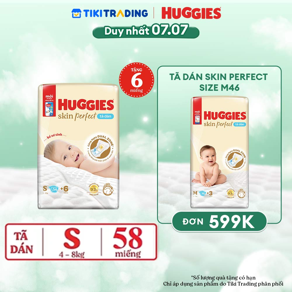 Tã/bỉm dán sơ sinh Huggies Skin Perfect S 54+4 miếng với 2 vùng thấm giảm kích ứng da