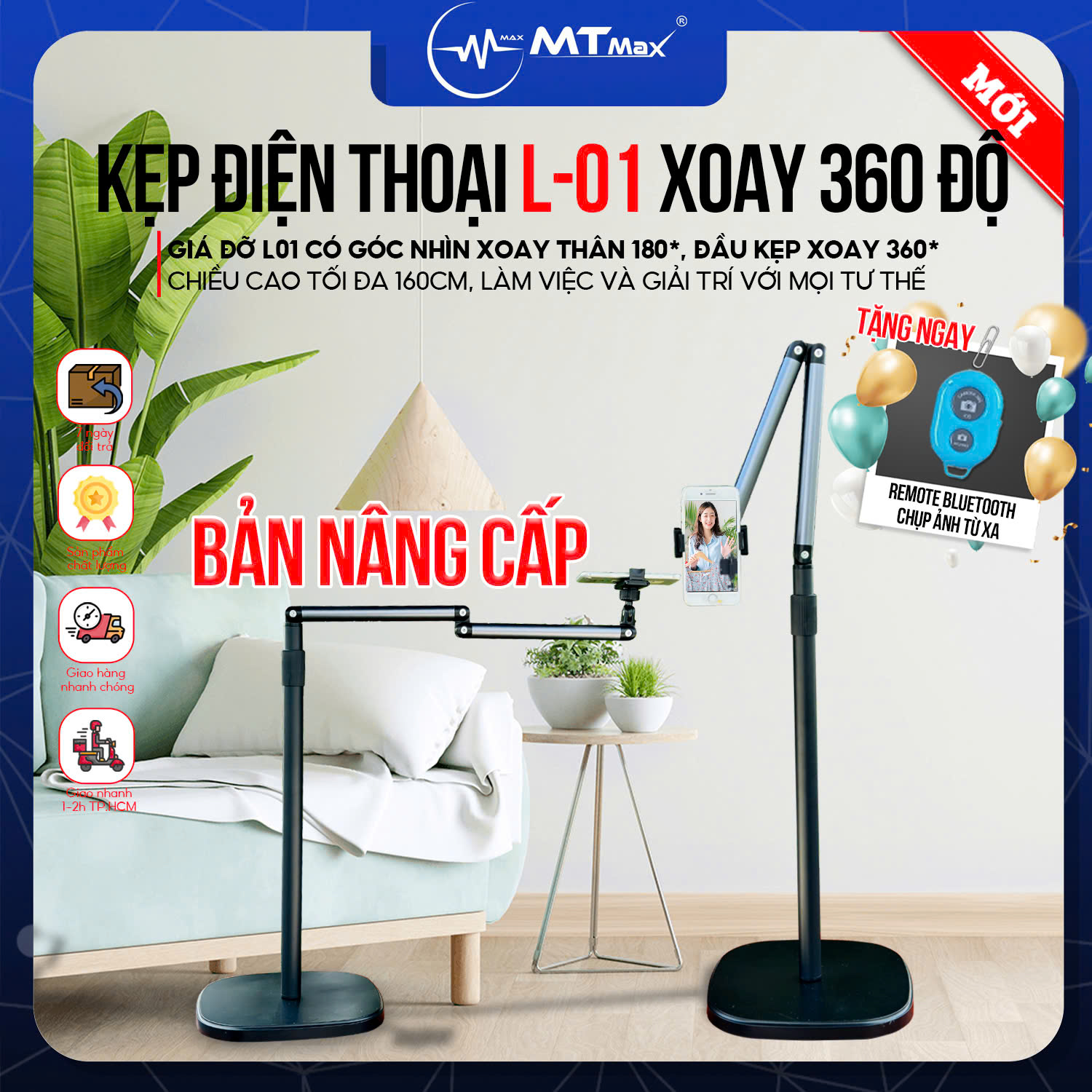 Cây Giá đỡ điện thoại L01 nặng 3kg, cao max 1m6 hỗ trợ livestream, chụp ảnh, ... đa năng tiện dụng chắc chắn hàng nhập khẩu
