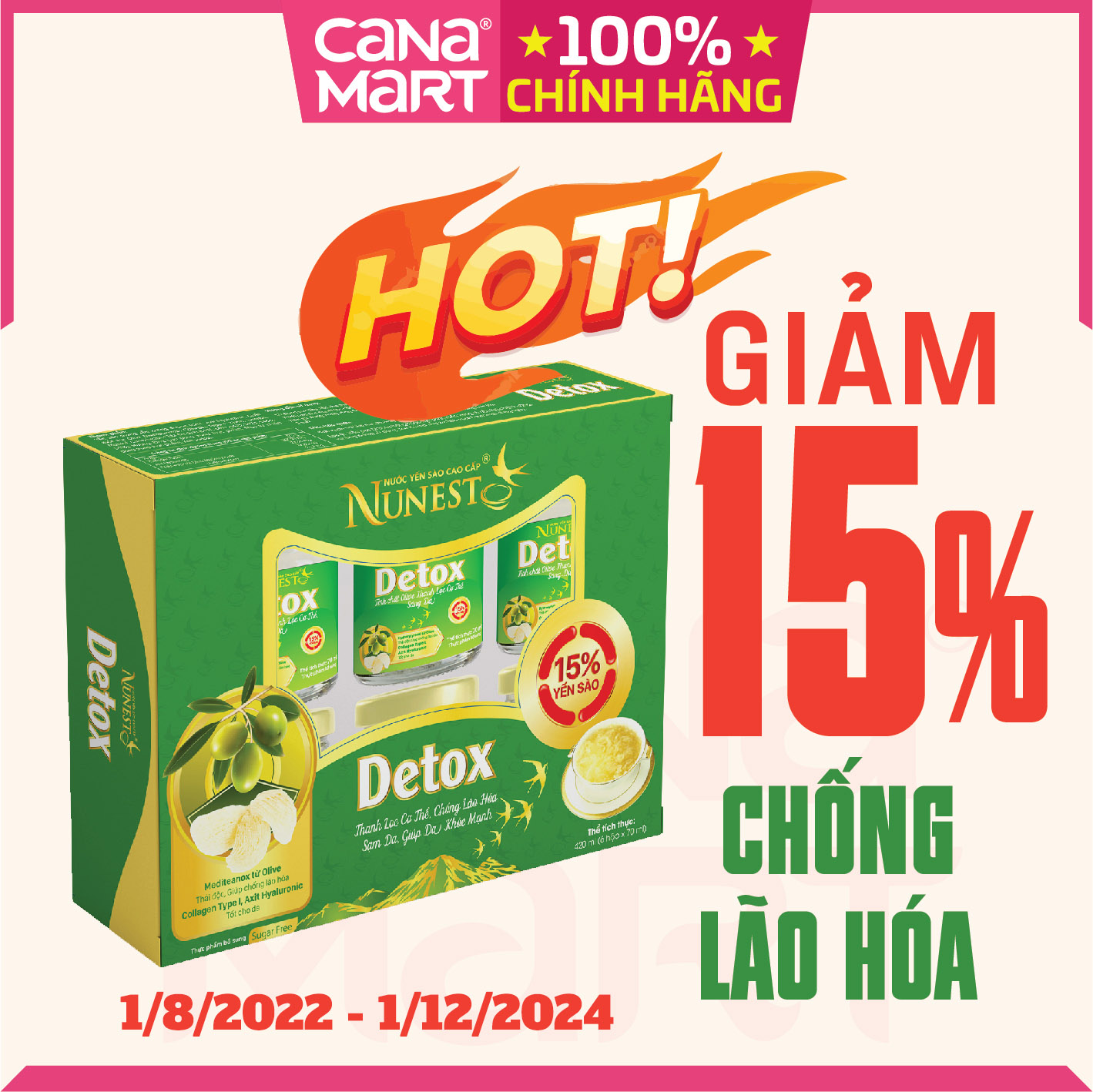 [Hộp 6 lọ x 70ml] Nước yến sào cao cấp Nunest DETOX thanh lọc cơ thể, trắng da, khỏe đẹp