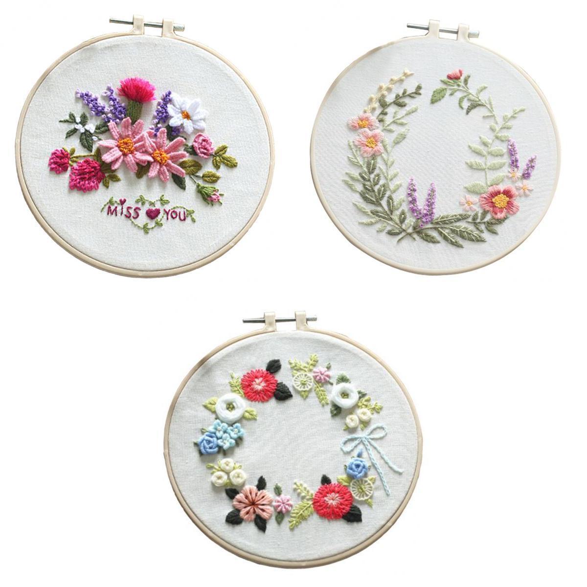 3x Floral Embroidery Starter Kit Pre-printed Cross Stitch