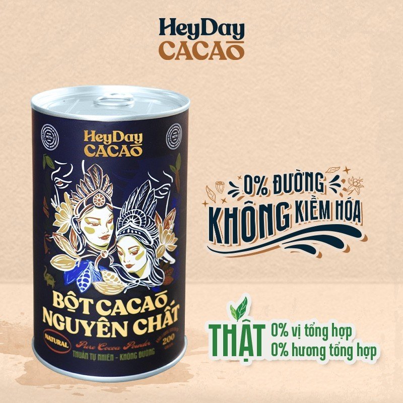 Bột Cacao Nguyên Chất 100% - Dòng Natural Không Kiềm Hóa - Lon 200g - Bộ sản phẩm cacao "Thật" Heydaycacao