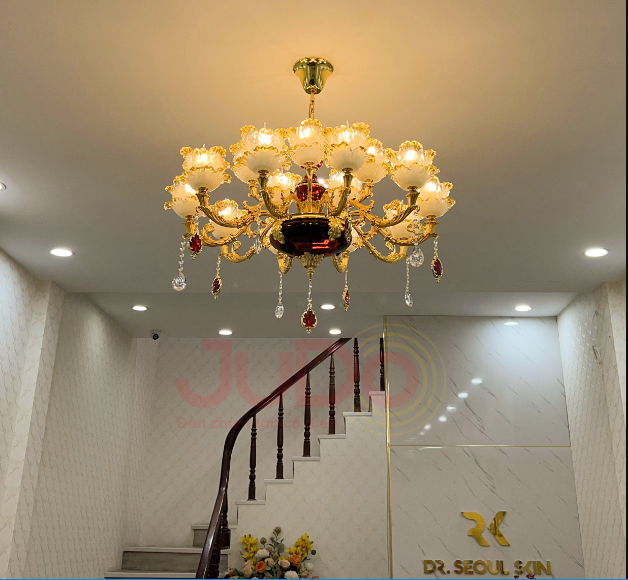 Đèn Chùm Treo Trần Pha Lê Cao Cấp Chao Đá 15 Tay Trang Trí Phòng Khách Tặng Kèm Bóng Led