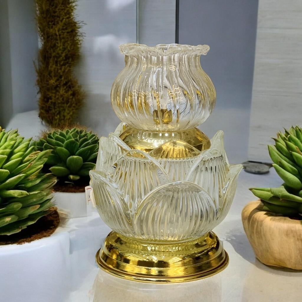 Đèn dầu hoa sen pha lê RỒNG VIỆT, Đèn lưu ly sang trọng có hai màu vàng trắng chân đồng - Vàng