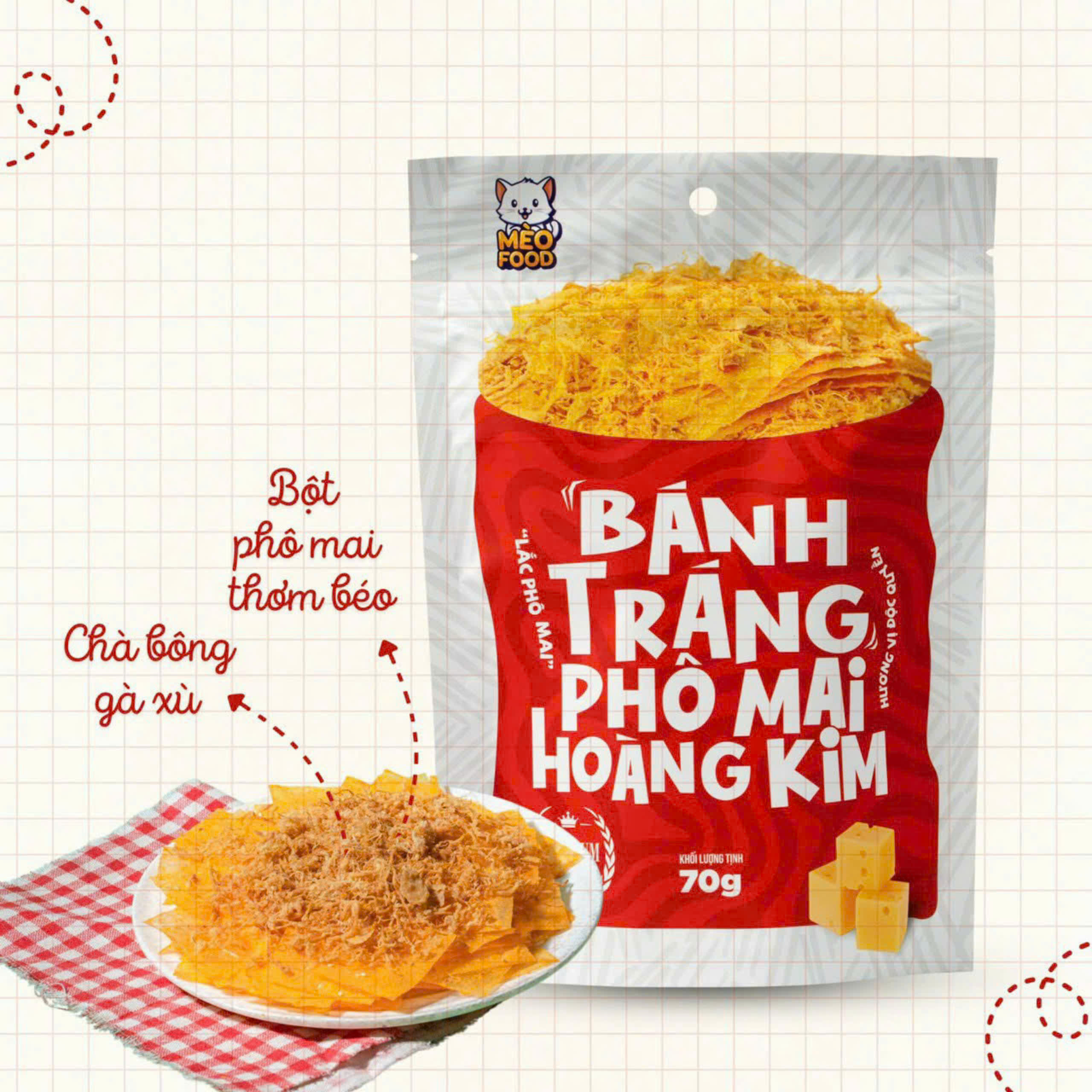 Bánh tráng trộn tỏi bò -Cuộn tôm bơ - Hoàng kim /Mèo food 70G