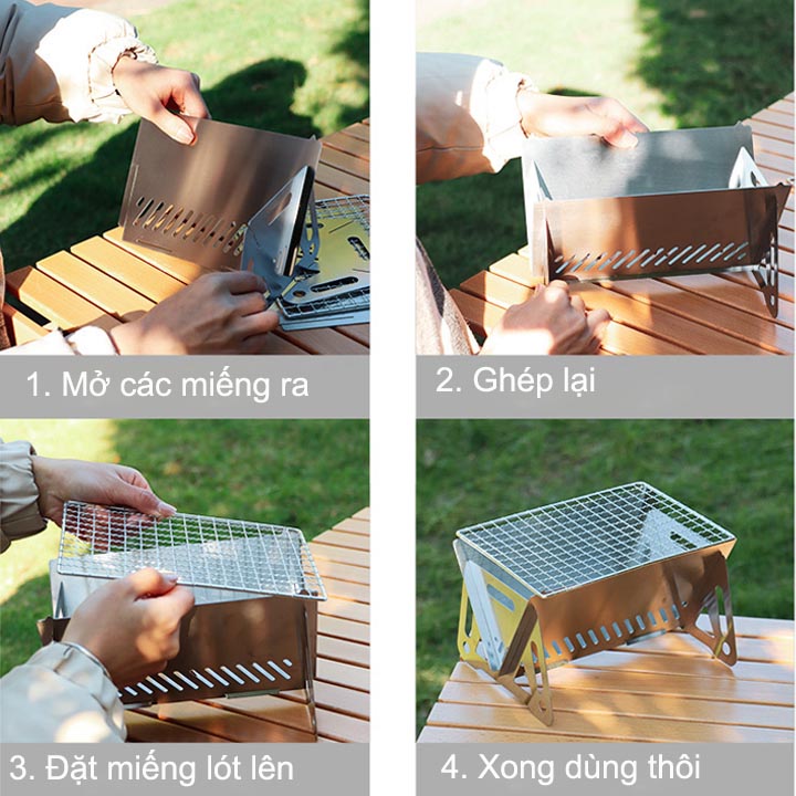 Bếp nướng than hoa xếp gọn, bằng inox 430, chuyên cho cắm trại, picnic rất tiện, loại nhỏ 21x16cm