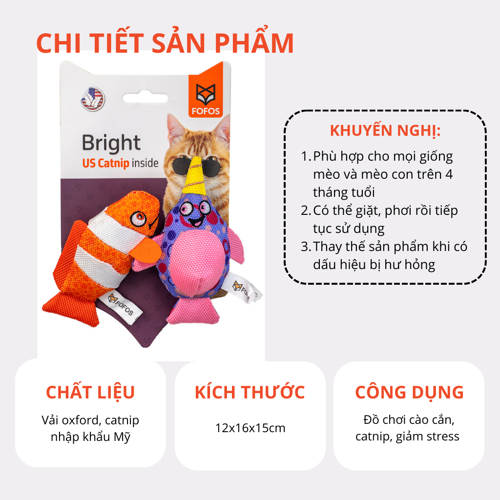 Đồ chơi cho mèo FOFOS, Combo đồ chơi hình cá nemo &amp; cá nhà táng, Chứa catnip, Chịu được cào cắn, Giúp vệ sinh răng miệng