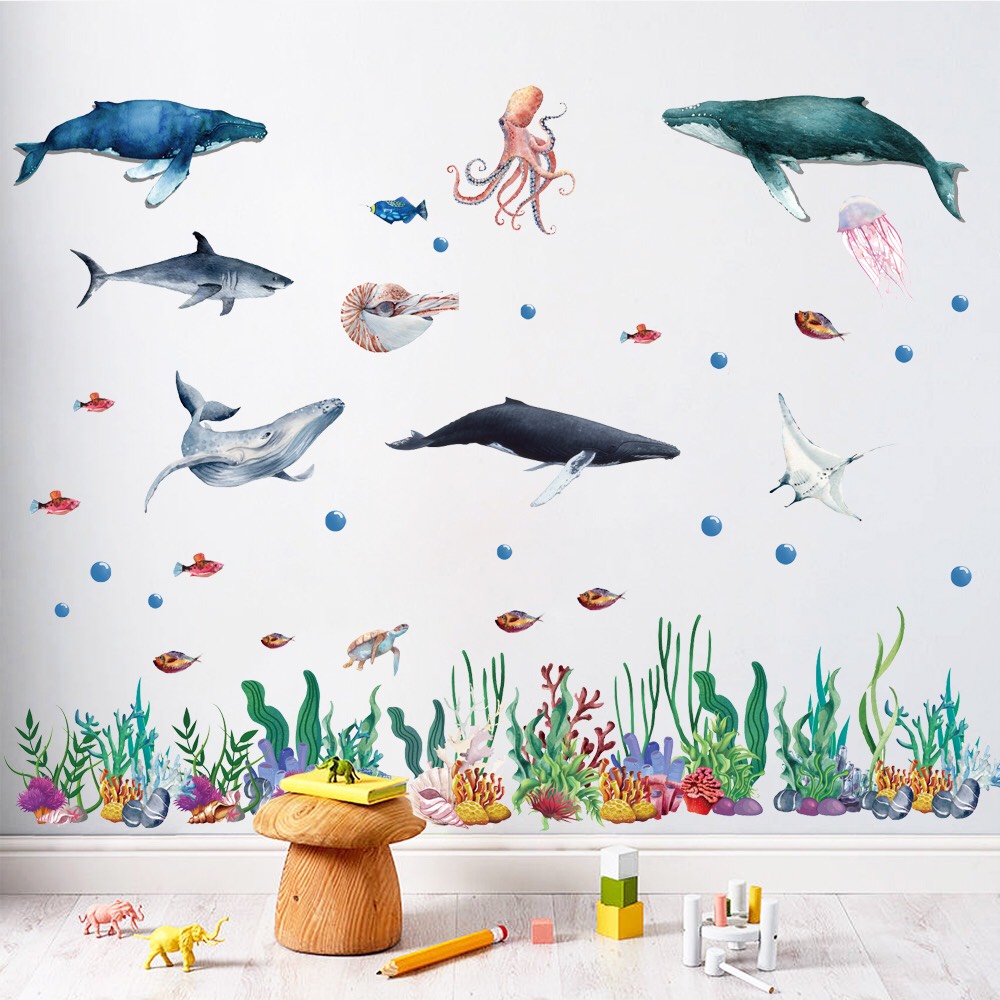 Decal trang trí tường - Đàn cá voi xanh