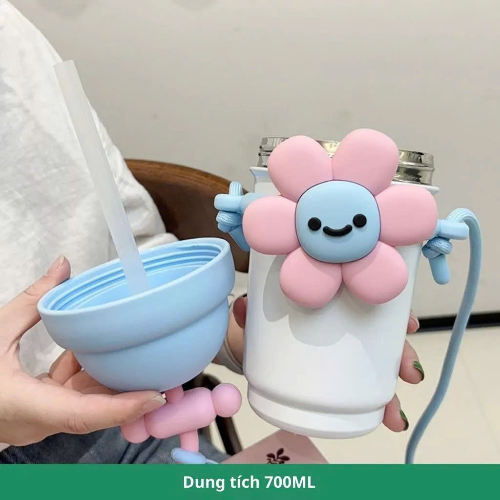 Bình Giữ Nhiệt Hoa Dễ Thương 700ML Inox 316 Cao Cấp – Kèm Ống Hút, Dây Đeo, Sticker &amp; Cọ Vệ Sinh - HÀNG CHÍNH HÃNG MINIIN